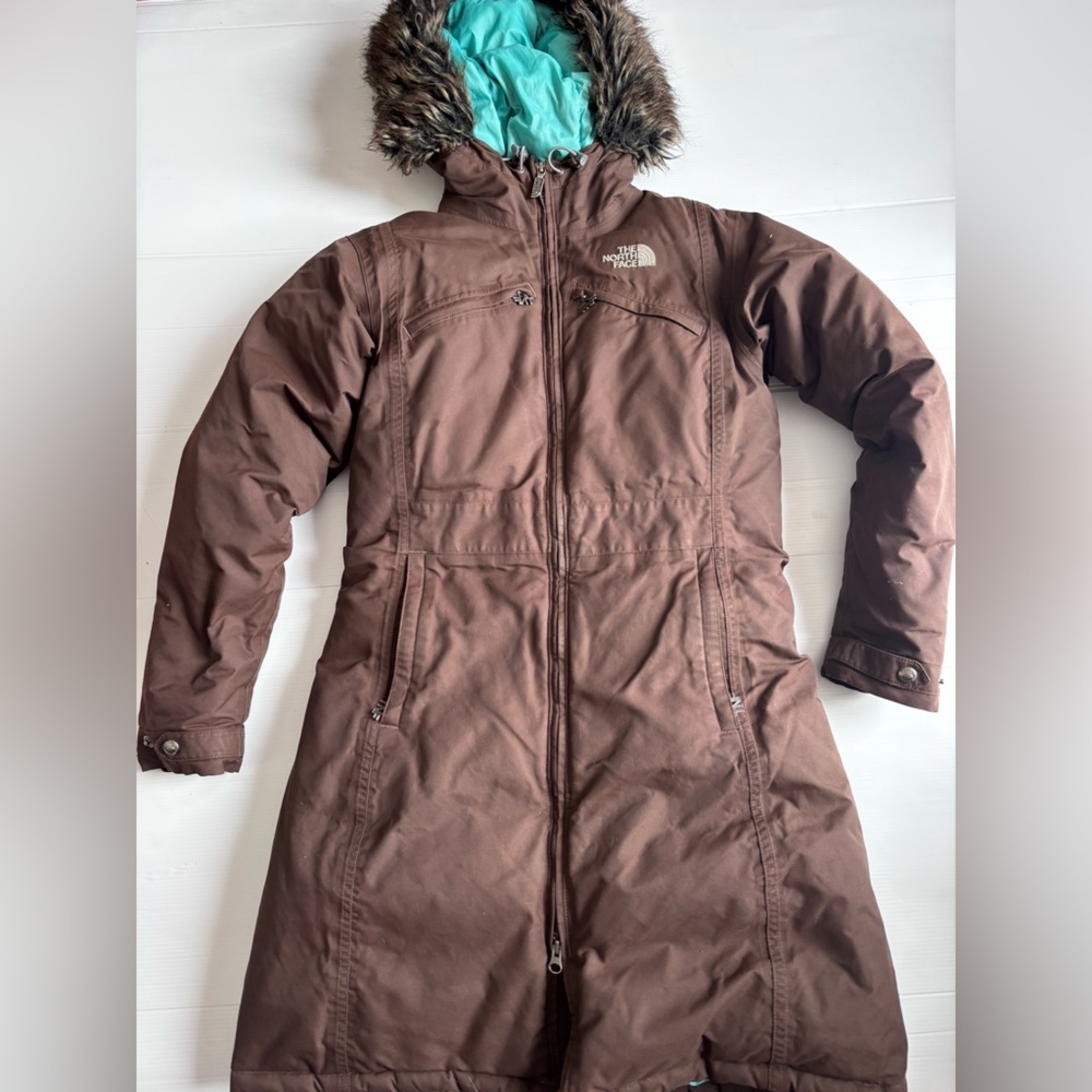 The North Face Women's Brown Long Parka Faux Fur Hood Small